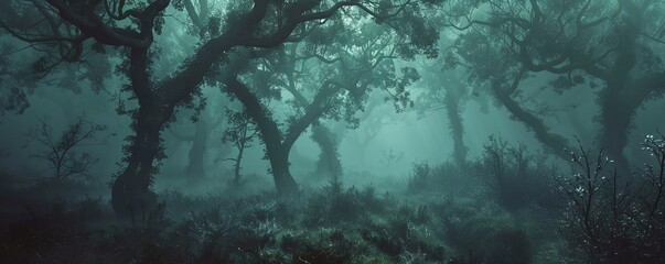 Mystical forest shrouded in fog, 4K hyperrealistic photo
