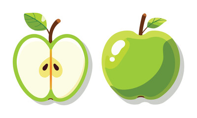 Tasty and colorful green apple and half a red apple in flat style. Set of cartoon character in vector illustration