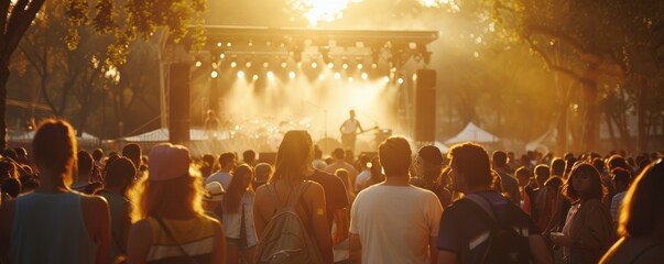 Group of people enjoying an outdoor concert in a park, stage and crowd, 4K hyperrealistic photo.