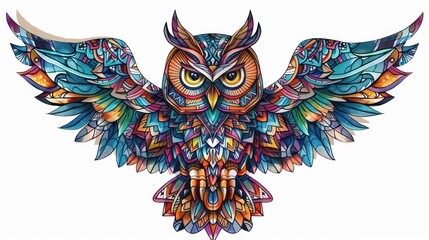 Capture the mystique of the owl with a dynamic stock photo showcasing a colorful mandala rendition of this majestic bird, set against a clean white backdrop for maximum visual impact. 
