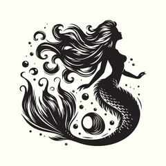 Black and white mermaid silhouette vector illustration.