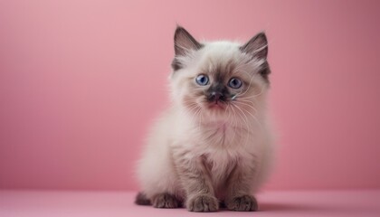 A cute Ragdoll sitting on a solid pastel background with space above for text