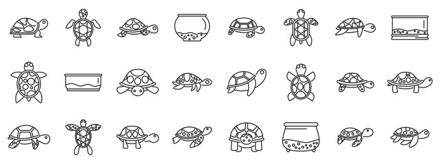 turtle pet icons set. Set of various turtle poses crawling and swimming in terrarium line art icons