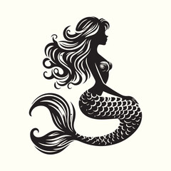 Black and white mermaid silhouette vector illustration.