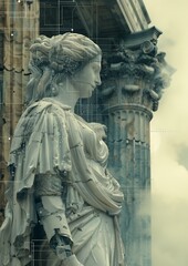 Futuristic Fusion of Technology and Classical Art Elements with Holographic and Data Stream Effects