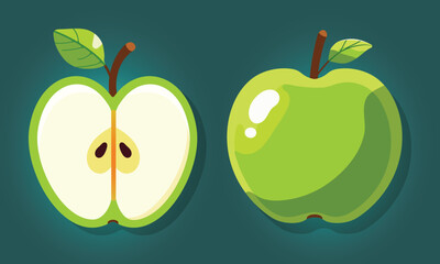Tasty and colorful green apple and half a red apple in flat style. Set of cartoon character in vector illustration