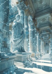 Futuristic Fusion of Technology and Classical Art Elements with Holographic and Data Stream Effects