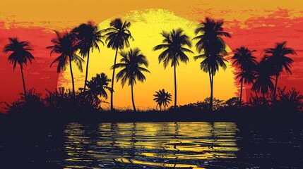 A stunning view of a tropical island with palm trees silhouetted against a gradient sunset sky from bright yellow to deep red.