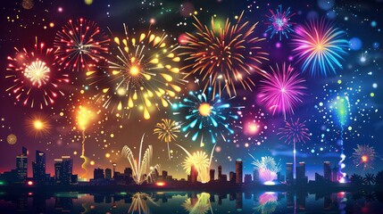 Craft an enchanting stock photo that celebrates the magic of fireworks with a landscape illustration aglow with vibrant bursts of color and light, evoking a sense of wonder and excitement. 