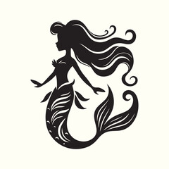 Black and white mermaid silhouette vector illustration.