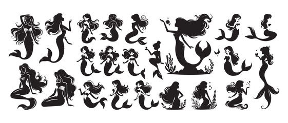 Set of Black and white mermaid silhouettes vector illustration.