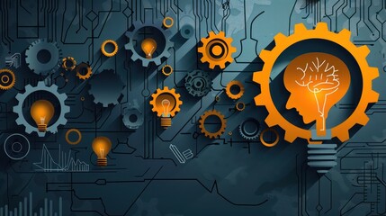 Craft an engaging stock photo that celebrates the spirit of invention with gear wheels depicted in vector flat illustration form, accompanied by a creative mind pictogram.
