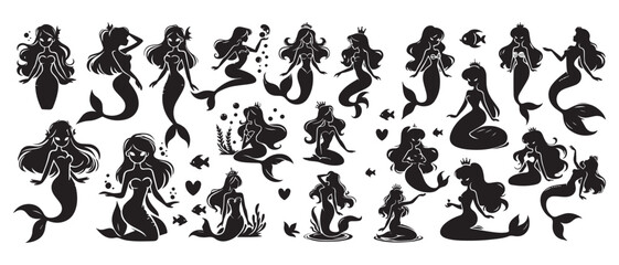 Set of Black and white princess mermaid silhouettes vector illustration.