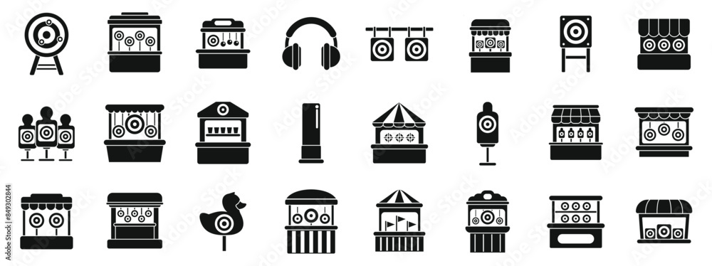 Poster shooting gallery icons set. shooting gallery icons set. simple set of shooting gallery related vecto