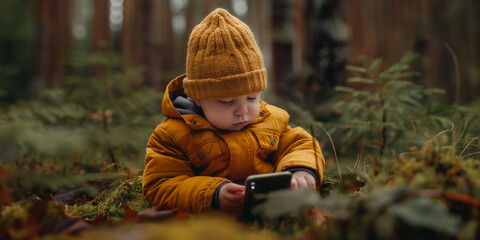A baby in a warm yellow outfit explores a smartphone in a misty forest, symbolizing early exposure to technology in young humans. Copy space. Autumn