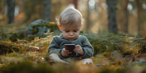 A baby in a warm gray outfit explores a smartphone in a misty forest, symbolizing early exposure to technology in young humans. Copy space. Autumn
