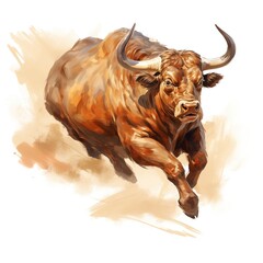 angry bull running isolated. thick oil paint.