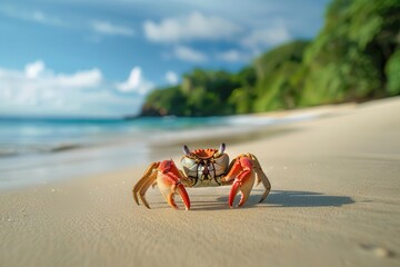 vibrant red crab scuttling across golden sandy beach tropical coastal wildlife in natural habitat