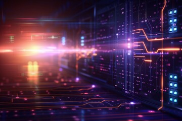 Fototapeta premium AI Data Stream in High Tech Environment, Advanced Technology in Artificial Intelligence, Futuristic Digital Innovations, Modern Tech Elements, Glowing Lights.