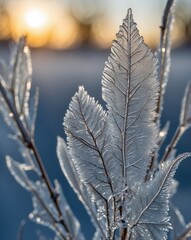 Obraz premium A detailed macro shot of intricate frost patterns on a windowpane, beautifully capturing the delicate ice crystals in the morning light.