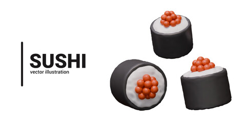 Set of vector realistic sushi on white background. Rolls with cream cheese and red caviar
