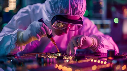 Scientist in coveralls conducting research, working on processor chips and the development of microelectronics and processors in a laboratory.