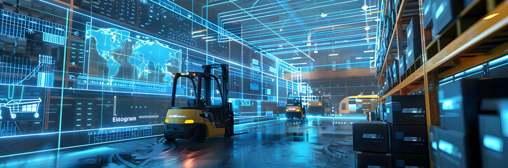 Naklejka premium A futuristic warehouse with glowing digital screens and a forklift.