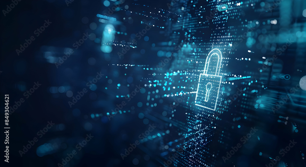 Poster a glowing padlock icon floats in a field of digital data, representing cybersecurity and digital pro