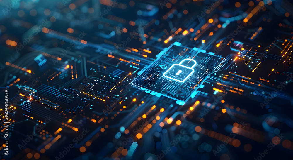 Poster a glowing padlock icon on a futuristic circuit board, representing digital security and data protect