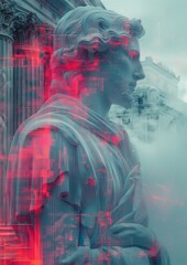 Futuristic Fusion of Technology and Classical Art Elements with Holographic and Data Stream Effects
