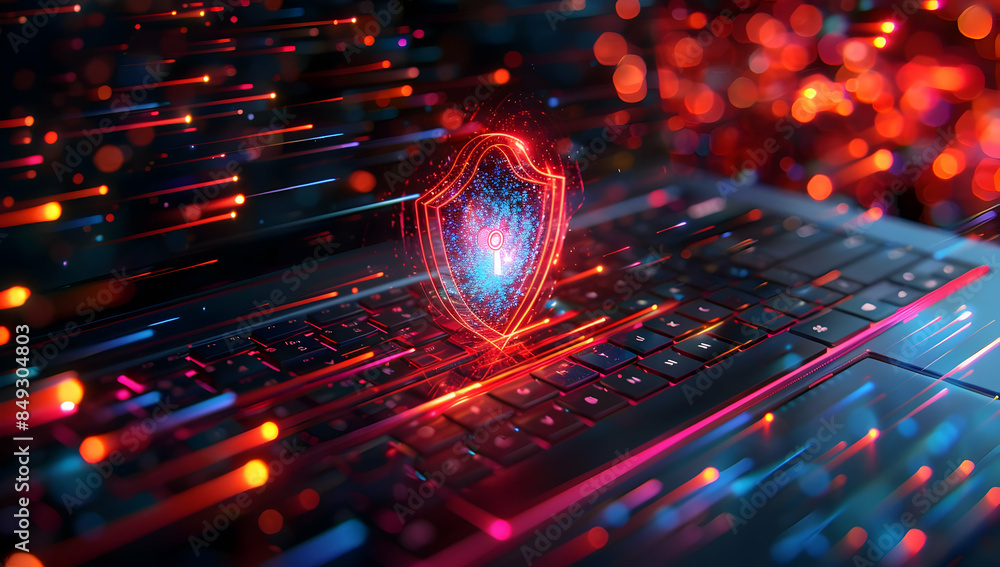 Aufkleber a glowing shield icon sits atop a computer keyboard, symbolizing digital security and protection.