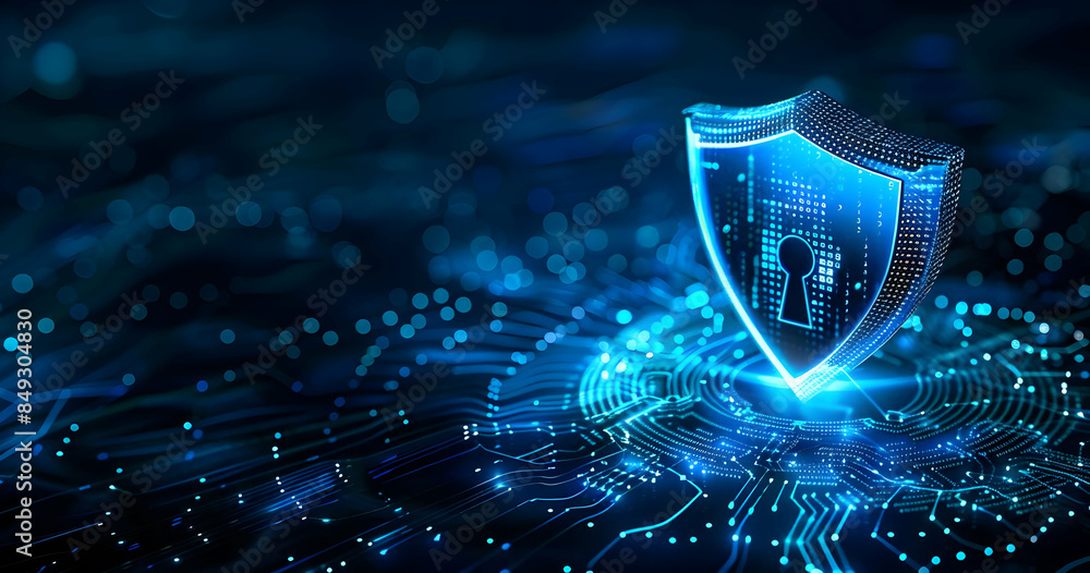 Aufkleber a glowing shield with a keyhole stands on a digital network, symbolizing data security and protectio
