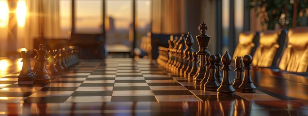 Chessboard with pieces as corporate icons, elegant boardroom, warm lighting, high resolution, photorealistic