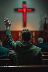 Fototapeta premium A man was sitting in a church pew, raising his arms and praying to God
