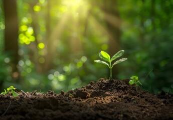 Fototapeta premium Sprout growth. Spring green life. Grow young tree. Fresh growing forest. Ecology gardening on ground. Seedling botany concept. Young environmental leaf