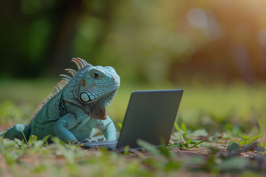 Meme An iguana peers over a laptop in a forest setting, creating a comical yet thought provoking image of wildlife using modern technology. Copy space