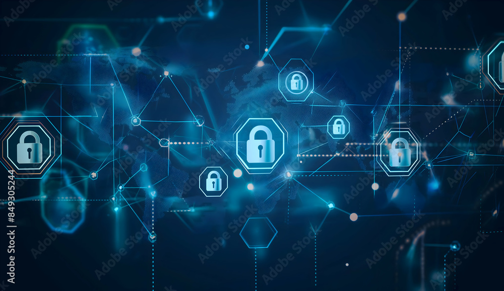 Poster abstract blue digital background with glowing padlock icons symbolizing cybersecurity and data prote