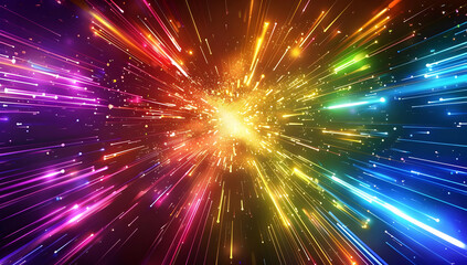 Fototapeta premium Abstract colorful light streaks radiate outwards from a central point in a burst of energy and motion.