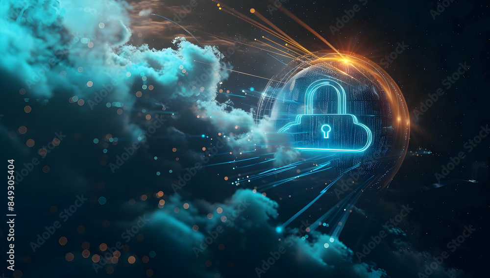 Aufkleber abstract digital illustration depicting cloud security and data protection. a glowing padlock icon w