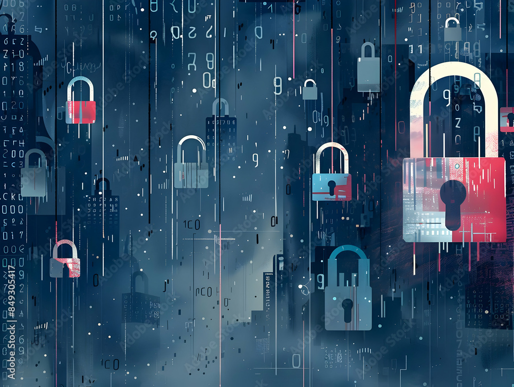 Poster abstract digital cityscape with falling padlocks representing cybersecurity and data protection.