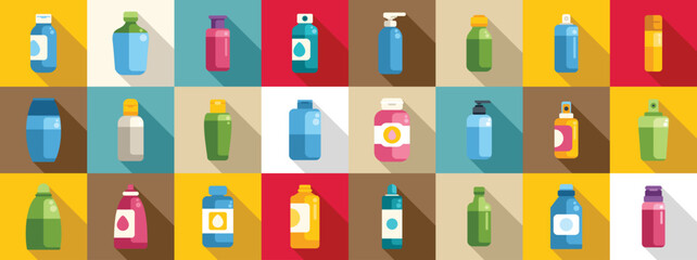 Micellar water icons set. Colorful shampoo bottles forming a pattern are showcasing a variety of hair and body products