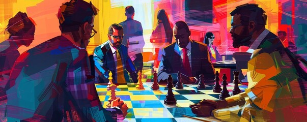 Fototapeta premium Business meeting around a chessboard, diverse team, modern decor, vibrant colors, digital painting