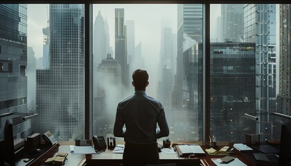 Businessman at window. Boss on office. Man in suit, corporate finance manager and skyscraper. Thoughtful businessperson thinking about work