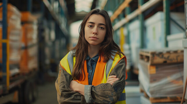 Young woman in a high-visibility vest stands with crossed arms in an industrial warehouse setting - Powered by Adobe