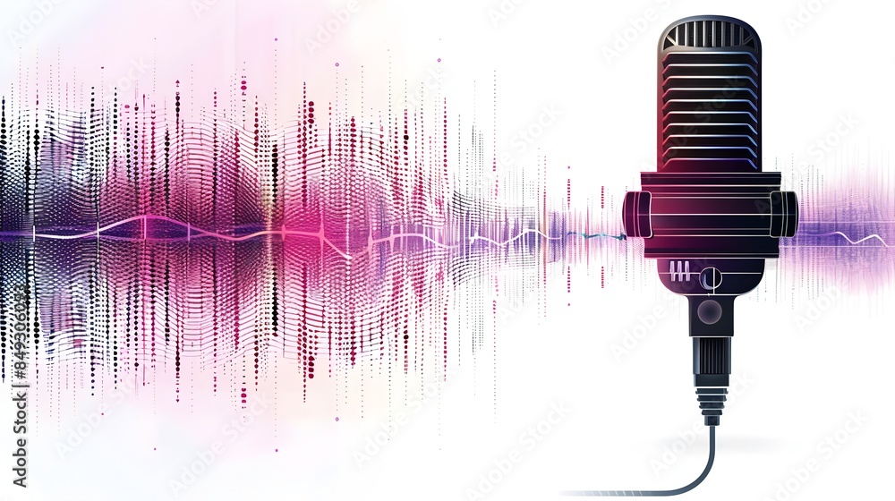 Aufkleber of voice recognition process with sound waves and microphone on white background