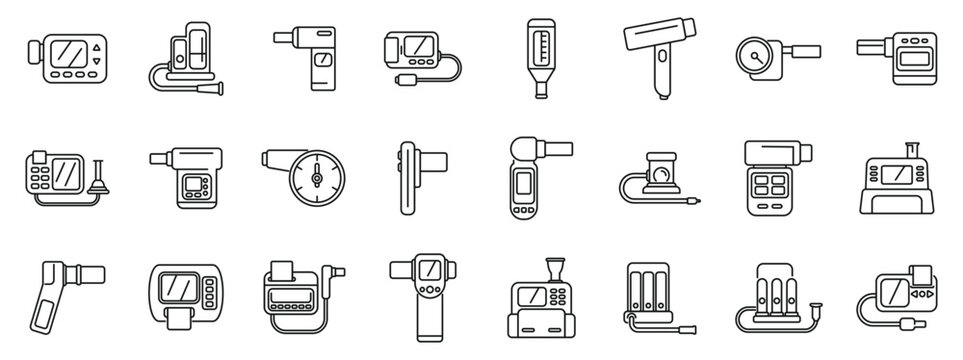 spirometer icons set. Line icons of various medical devices used for diagnosis and treatment in healthcare settings