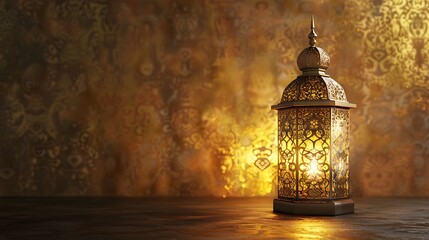 Fototapeta premium Shining Islamic Gold Lantern on Gold Floor and Wall Background : Suitable for Be Used in Blog Posts, Social Media Posts or Website Content Related to Islamic Theme.