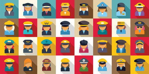 Taxi driver woman icons set. Female taxi driver avatars icons set in flat style with long shadow on a colorful background
