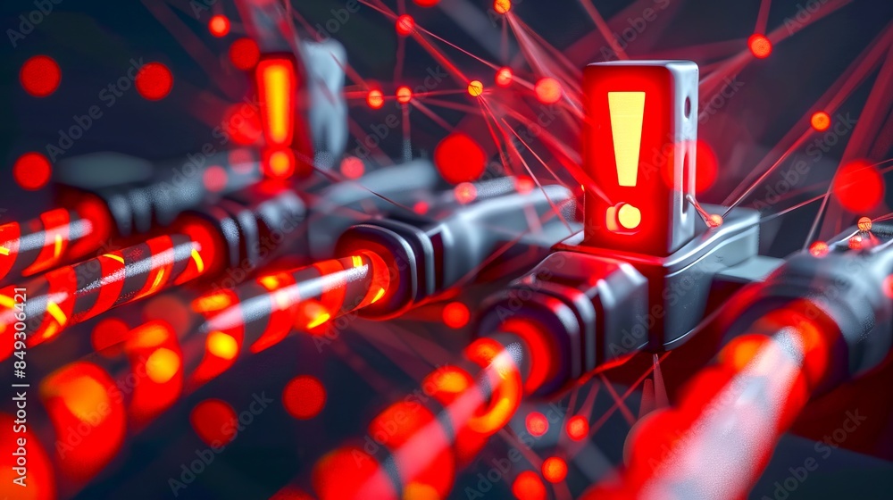Poster red network cables with warning icons represent a data breach. futuristic style with dark tones. thi