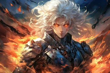 portrait of a character in the anime style. A Geshin impact warrior, with white hair and glowing eyes. with flames all around. The anime boy is a man from a manga cartoon.